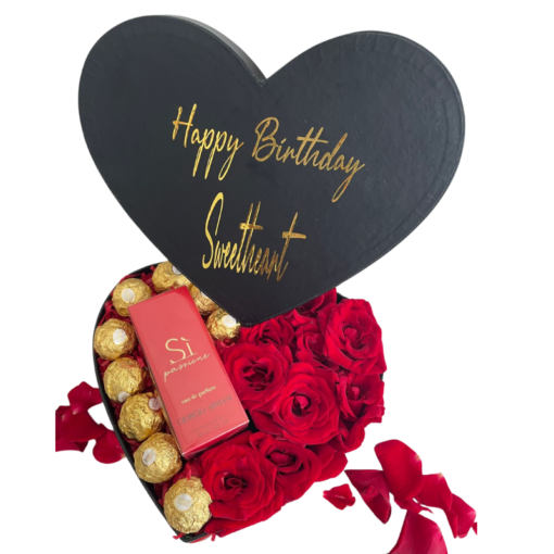 Coffret Cadeau Luxe : Roses, Chocolats & Parfum