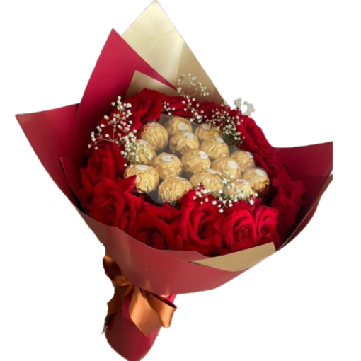 Bouquet de roses rouges avec chocolats Ferrero Rocher – Cadeau élégant au Maroc